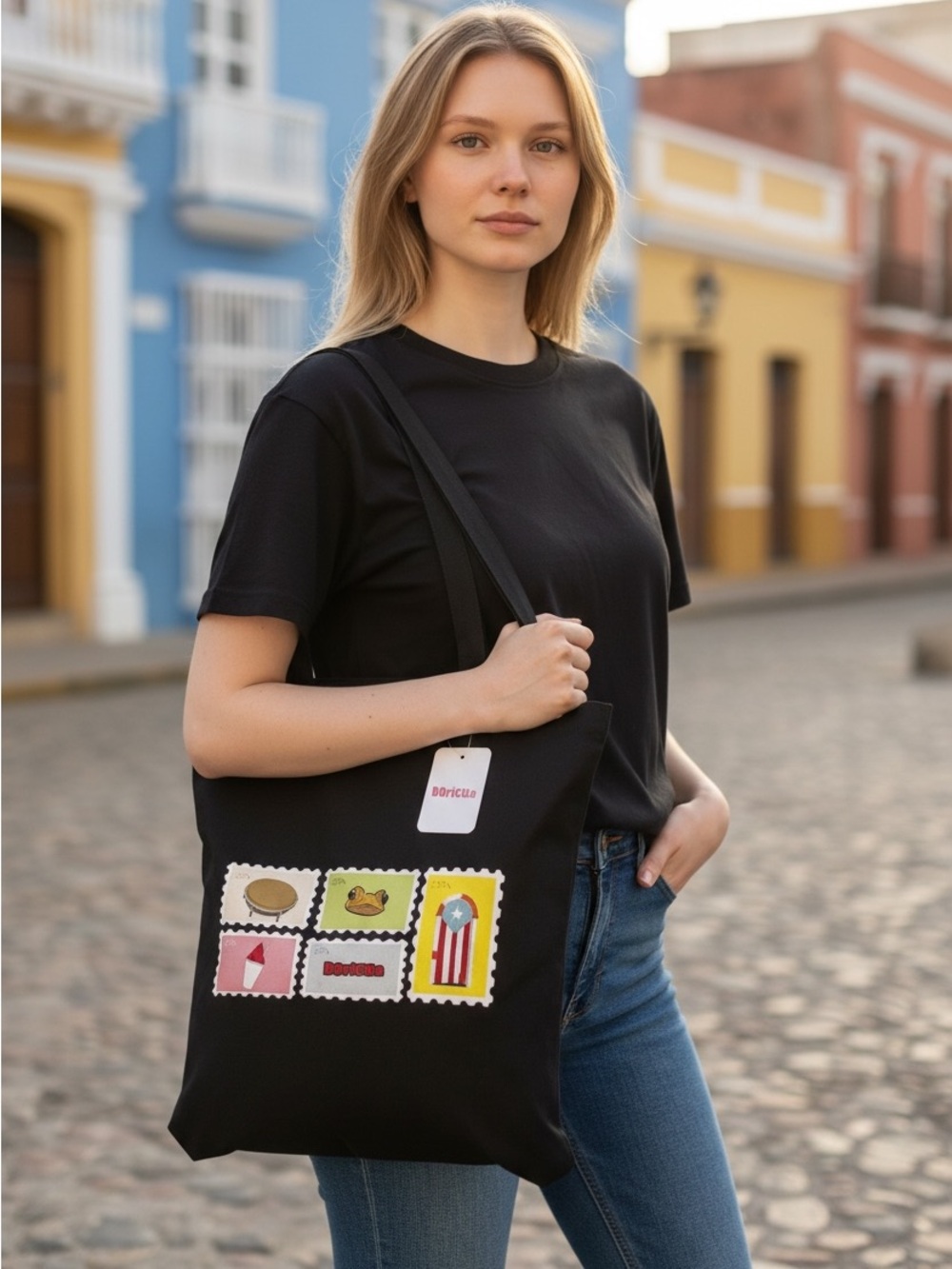 Puerto Rico Black Graphic Stamp Patch Tote Bag NWT